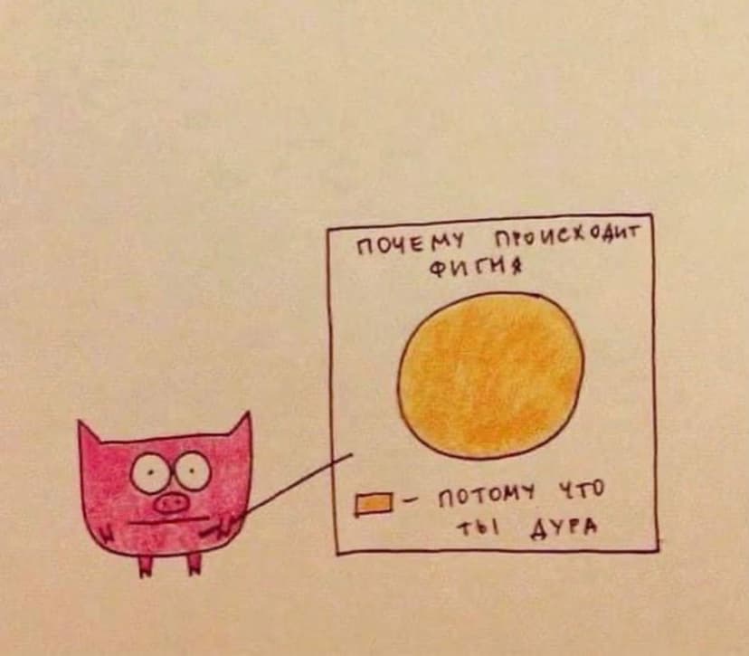 Рисунок с подписями на русском языке, изображающий розового свинку и объясняющий, почему у неё круглая фигура.